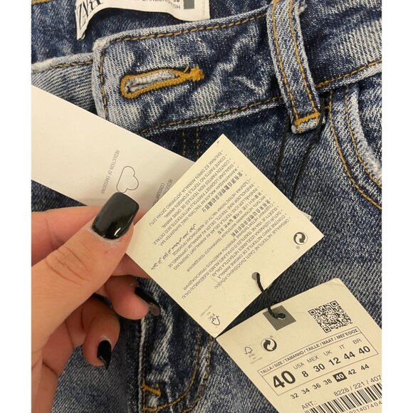 Zara Womens Crop Jeans EU 40 US 8 Relaxed Fit Blue Denim Distressed 8228/221 NWT - Picture 6 of 16